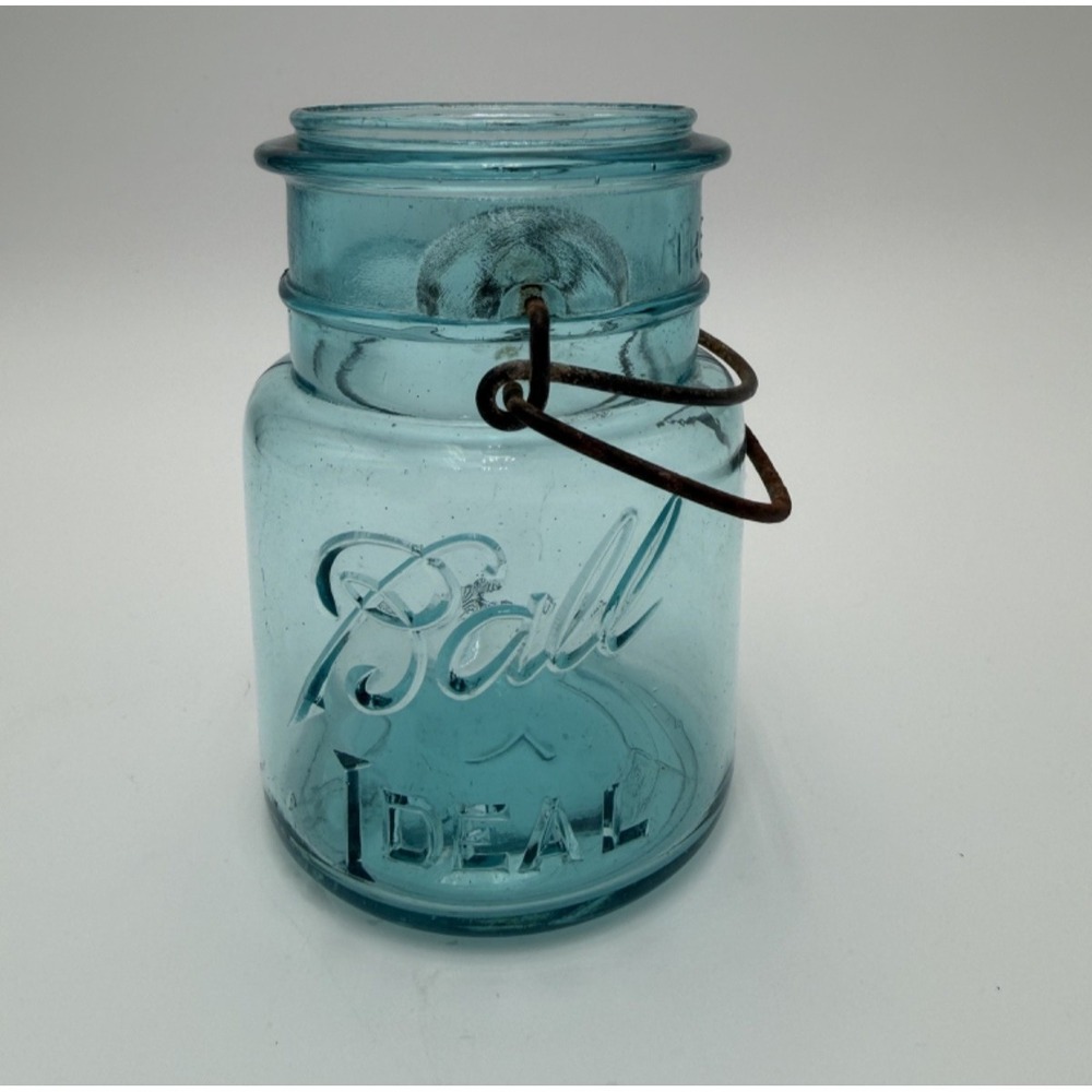 Vintage Ball Ideal Mason Jar Aqua Blue Glass w/ Wire Pat'd 1908 RARE #2 In Jar